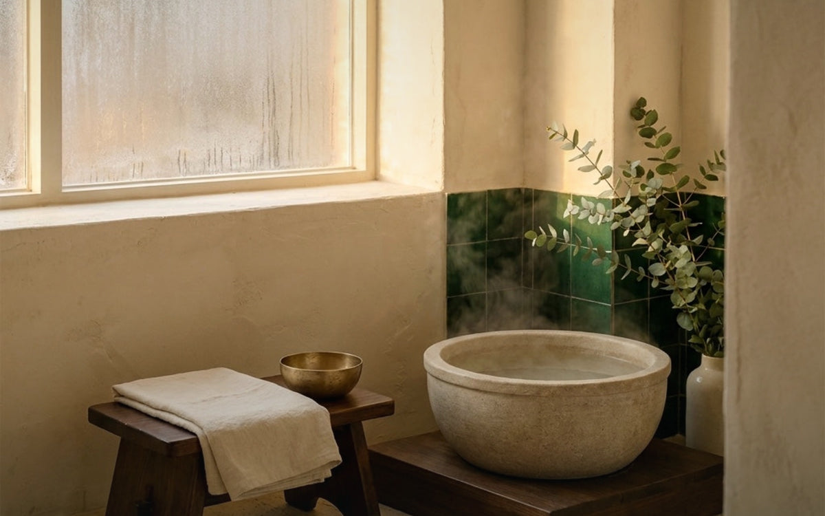 Bain coréen : vasque en pierre fumante, tabouret en bois et serviette dans une salle de bain crème