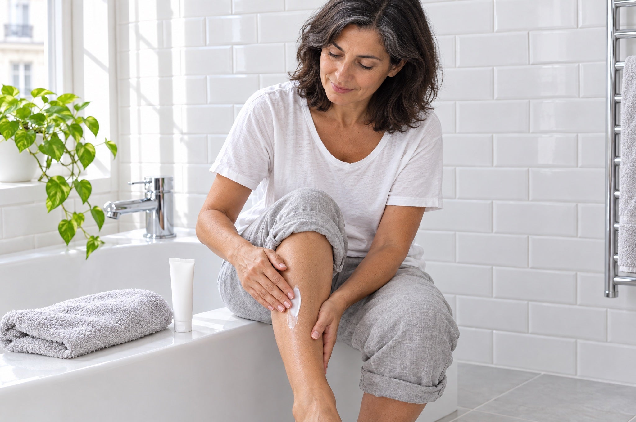 Une femme assise au bord de la baignoire applique une noisette de crème sur sa jambe.