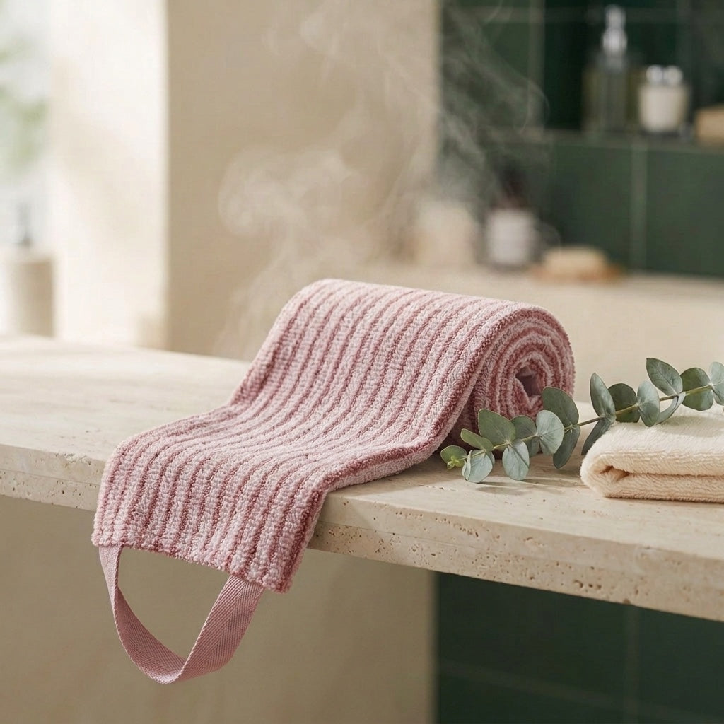 La serviette Seshin rose posée sur pierre travertin, vapeur et eucalyptus