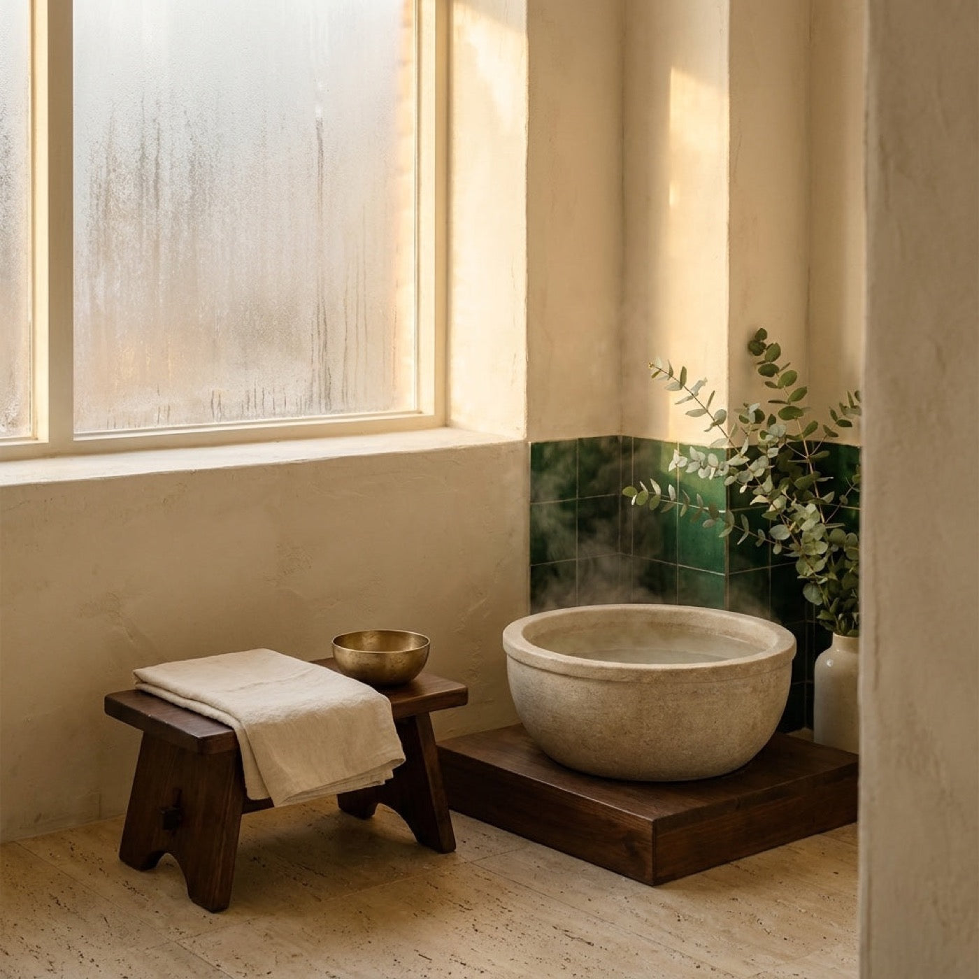 Un coin de bain coréen, vasque en pierre, tabouret en bois, vapeur.