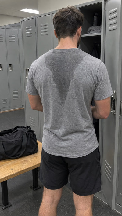 Le dos de son t-shirt, trempé, au vestiaire.