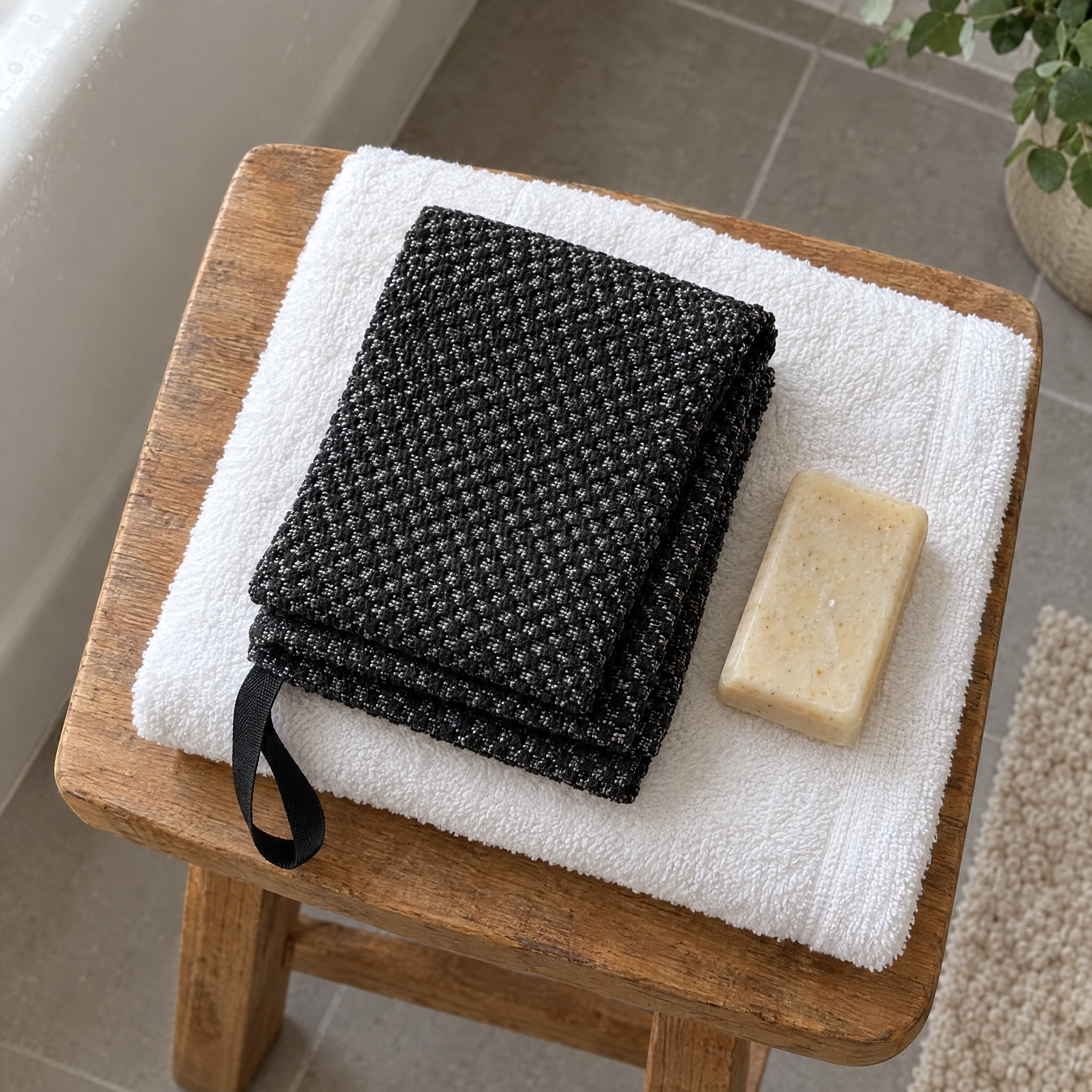 La serviette Seshin noire, pliée sur un tabouret en bois ; une de ses poignées dépasse.
